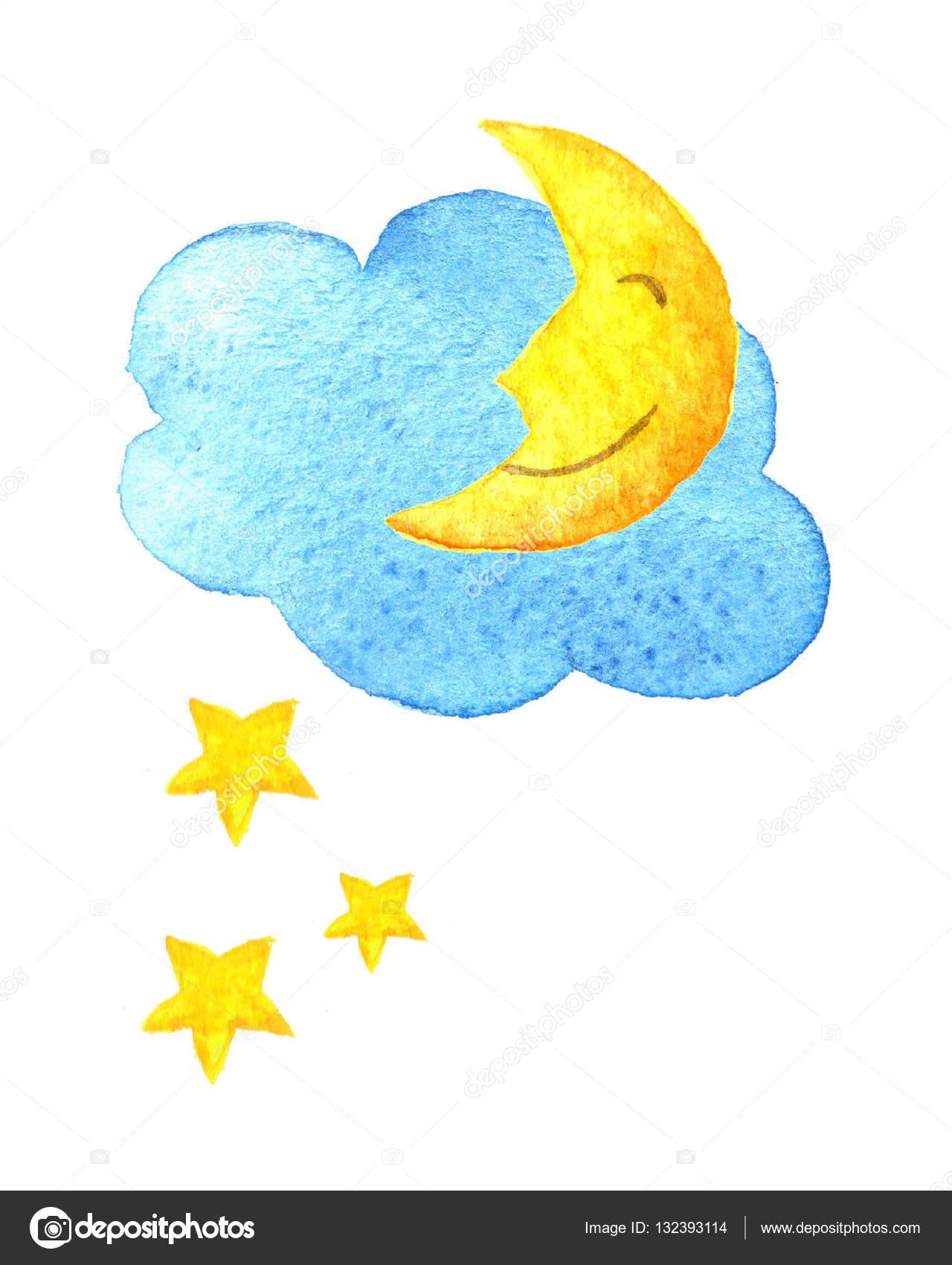 Nuvem de desenhos animados bonito, estrelas e lua sorridente. ilustração  aquarela desenhada à mão. Desenho pintado a aquarela . Ilustração por  ©K.Chumakova #132393114